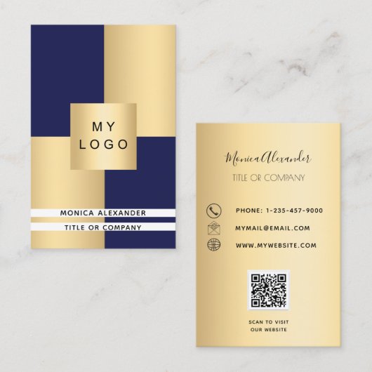 Navy blue gold corporate logo QR code Visitekaartje (Voorkant / Achterkant)