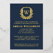 Navy Blue Gold Crest Monogram Afstudeerfeest Folie Uitnodiging (Voorkant)