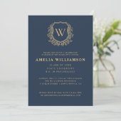 Navy Blue Gold Crest Monogram Afstudeerfeest Kaart (Staand voorkant)