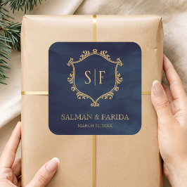 Navy Blue Gold Crest Monogram Weddenschap Vierkante Sticker