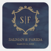 Navy Blue Gold Crest Monogram Weddenschap Vierkante Sticker (Voorkant)