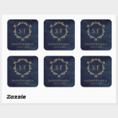 Navy Blue Gold Crest Monogram Weddenschap Vierkante Sticker (Vel)