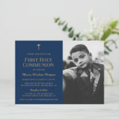Navy Blue Gold Cross Boy eerste heilige gemeenscha Kaart (Staand voorkant)