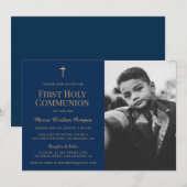 Navy Blue Gold Cross Boy eerste heilige gemeenscha Kaart (Voorkant / Achterkant)