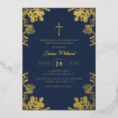 Navy Blue Gold  Cross Boys Eerste Communie Folie Uitnodiging (Voorkant)
