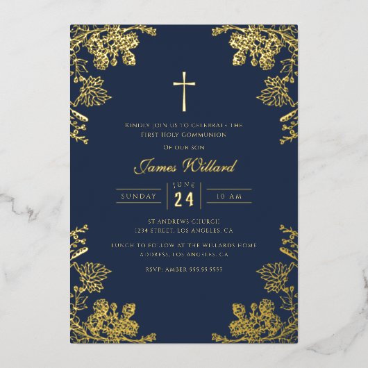 Navy Blue Gold  Cross Boys Eerste Communie Folie Uitnodiging (Voorkant)