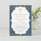 Navy Blue Gold Cross Glitter First Heilige Communi Kaart (Staand voorkant)