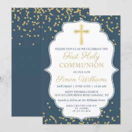 Navy Blue Gold Cross Glitter First Heilige Communi Kaart