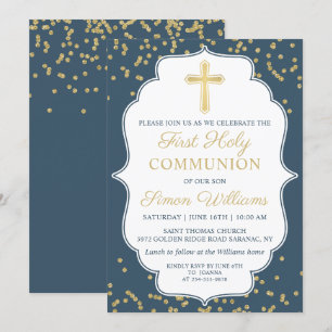 Navy Blue Gold Cross Glitter First Heilige Communi Kaart