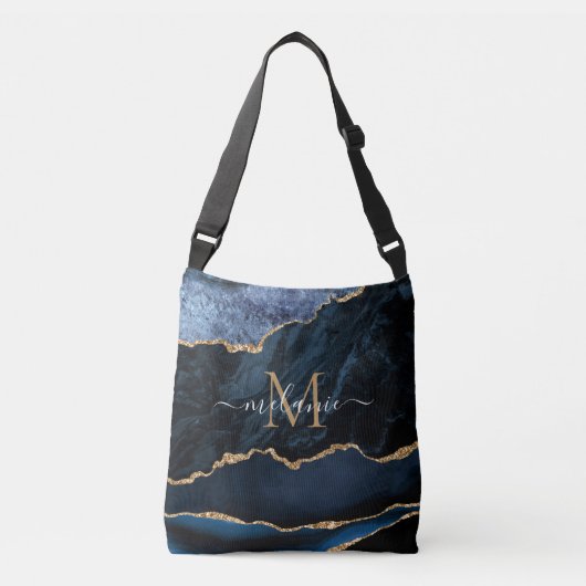 Navy Blue Gold Crossbody Bag Aangepaste Naam Lette Tas (Voorkant)