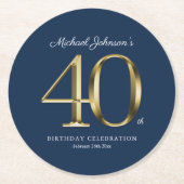 Navy Blue Gold Custom 40e verjaardagsfeestje Ronde Kartonnen Onderzetter (Voorkant)