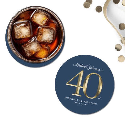 Navy Blue Gold Custom 40e verjaardagsfeestje Ronde Kartonnen Onderzetter