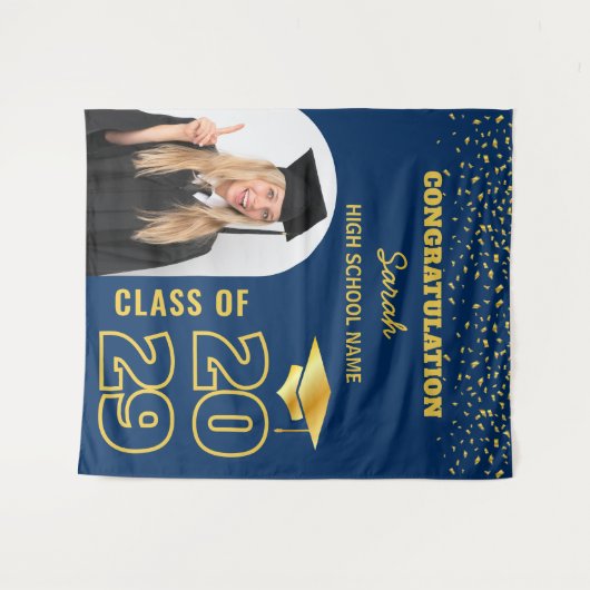 Navy Blue Gold Custom Afstuderen Achtergrond & Fot Wandkleed (Voorkant (horizontaal))