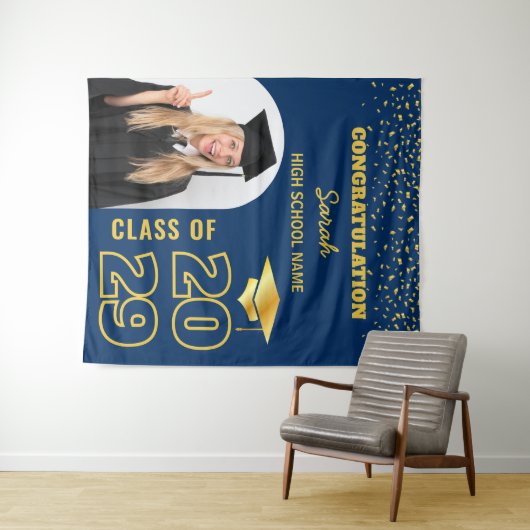 Navy Blue Gold Custom Afstuderen Achtergrond & Fot Wandkleed (In Situ (horizontaal))