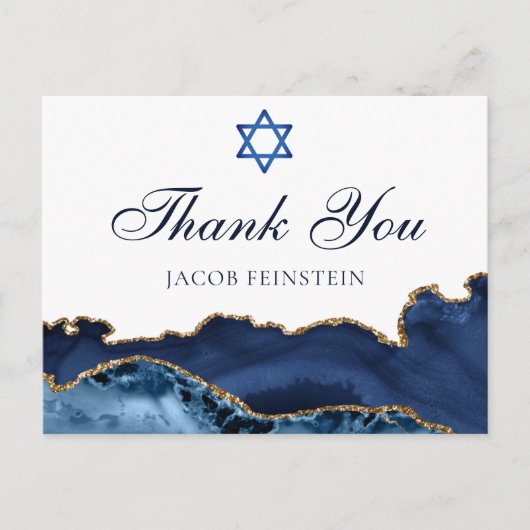 Navy Blue Gold Custom Bar Mitzvah Dank u Briefkaart (Voorkant)