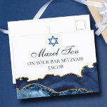 Navy Blue Gold Custom Bar Mitzvah Mazel Tov Briefkaart<br><div class="desc">Elegante marineblauw en gouden agaat versiert de zijkant van dit moderne Bar Mitzvah feestgefeliciteerd briefkaart. Mazel Tov. Pas het aan onder de Ster van David. Perfect briefkaart voor een chique,  stijlvolle joodse familie die een jongetje viert dat wordt opgeroepen voor de Thora.</div>