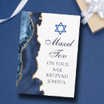 Navy Blue Gold Custom Bar Mitzvah Mazel Tov Kaart<br><div class="desc">Elegante marineblauw en gouden agaat versiert de zijkant van deze moderne Bar Mitzvah feestfelicitatiekaart. Mazel Tov. Pas het aan onder de Ster van David. Perfect gepersonaliseerd wenskaart voor een chique,  stijlvolle joodse familie die een jongetje viert dat wordt opgeroepen voor de Thora.</div>