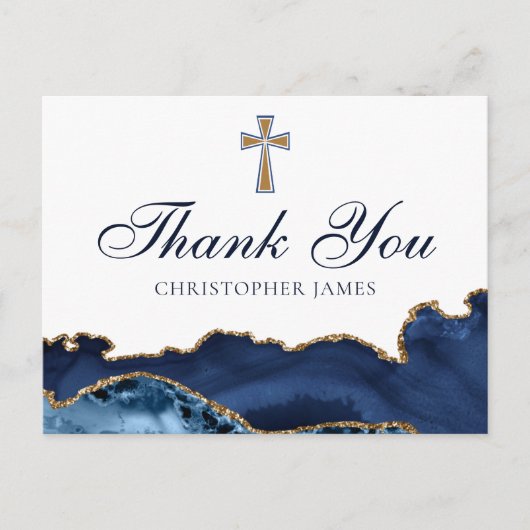 Navy Blue Gold Custom Christelijk Cross Dank u Briefkaart (Voorkant)