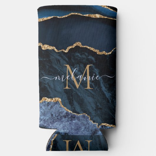Navy Blue Gold Custom Letter Naam Koelbox Seltzer Blikjeskoeler (Achterkant)