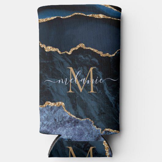 Navy Blue Gold Custom Letter Naam Koelbox Seltzer Blikjeskoeler (Voorkant)