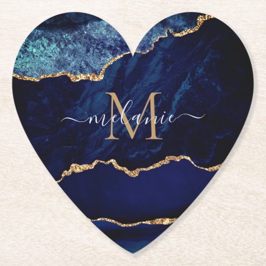 Navy Blue Gold Custom Letter Naam Papier Onderzett Kartonnen Onderzetters (Voorkant)