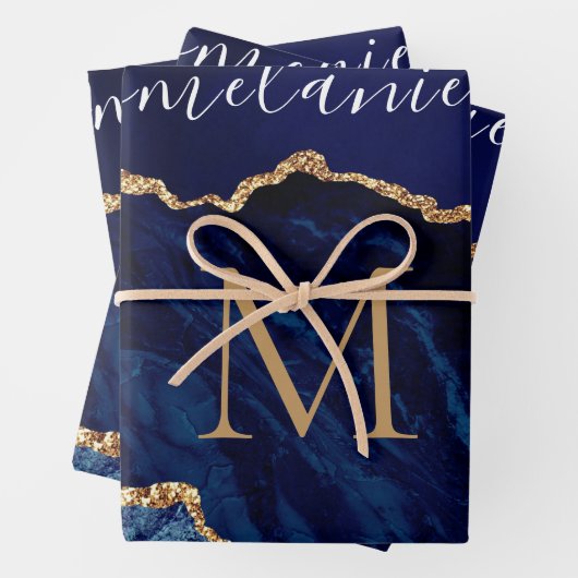 Navy Blue Gold Custom Letter Naam Verpakkingspapie Inpakpapier Vel (In situ)