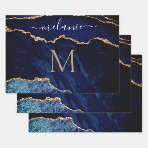 Navy Blue Gold Custom Letter Naam Verpakkingspapie Inpakpapier Vel