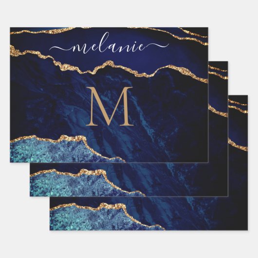 Navy Blue Gold Custom Letter Naam Verpakkingspapie Inpakpapier Vel (Set)