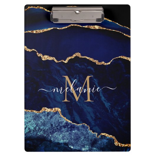 Navy Blue Gold Custom Uw Letter Naam Klembord (Voorkant)