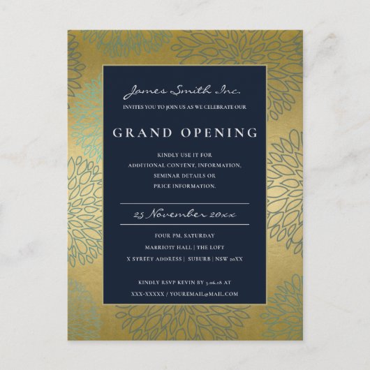 NAVY BLUE GOLD DAHLIA FLORAL GRAND OPENING INVITE BRIEFKAART (Voorkant)