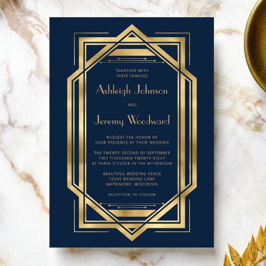 Navy Blue Gold  Deco Lijst Wedding 1920 Kaart