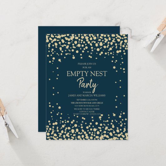 Navy Blue Gold Diamond Glitter Empty Nest Party Kaart (Voorkant / Achterkant in situ)