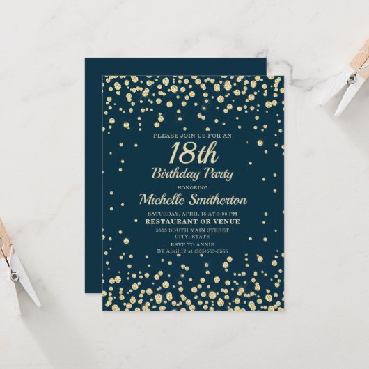 Navy Blue Gold Diamond Glitter Women 18th Birthday Kaart (Voorkant / Achterkant in situ)