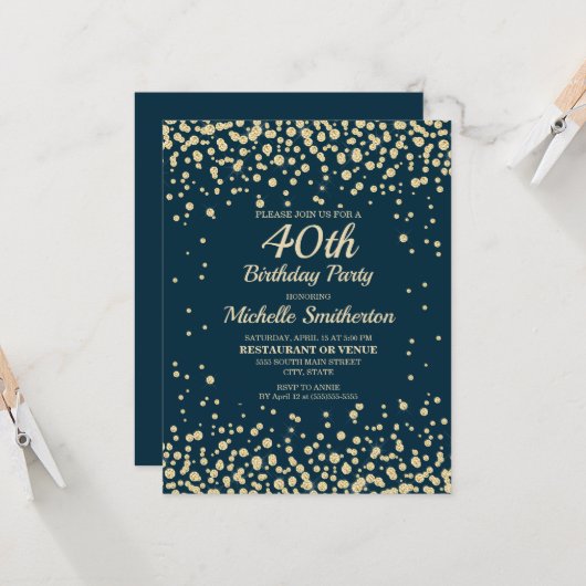 Navy Blue Gold Diamond Glitter Women 40th Birthday Kaart (Voorkant / Achterkant in situ)