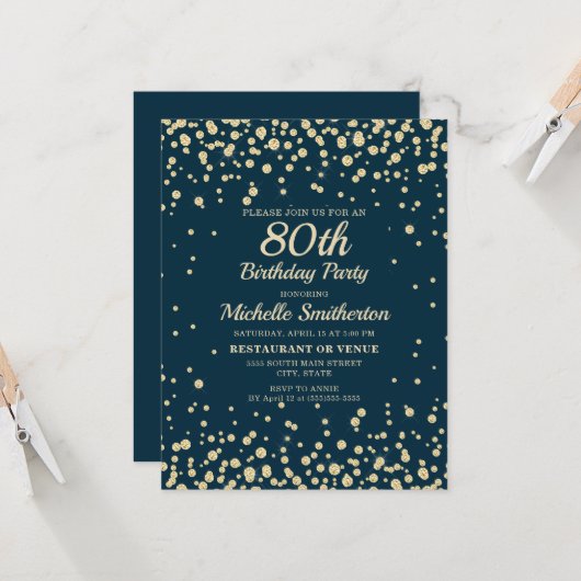 Navy Blue Gold Diamond Glitter Women 80th Birthday Kaart (Voorkant / Achterkant in situ)