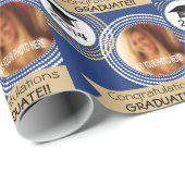 Navy Blue & Gold Dotted Circles Foto Afstuderen Cadeaupapier (Rol Hoek)