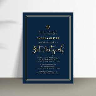 Navy Blue & Gold Double Lijst Script Bat Mitzvah Kaart