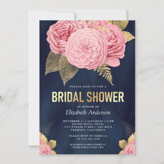 Navy Blue Gold Dusty Pink Floral Vrijgezellenfeest Kaart (Voorkant)