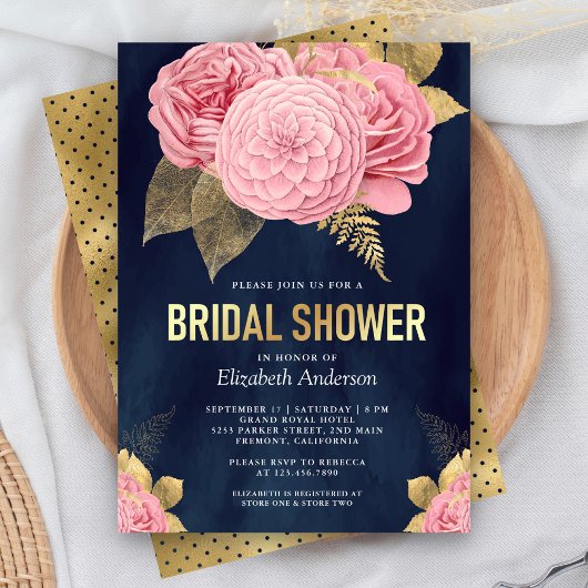Navy Blue Gold Dusty Pink Floral Vrijgezellenfeest Kaart