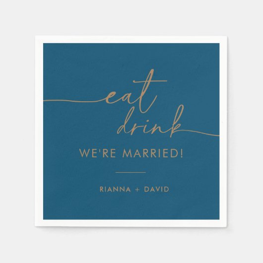 Navy Blue Gold Eat Drink We zijn getrouwd bruiloft Servet (Voorkant)