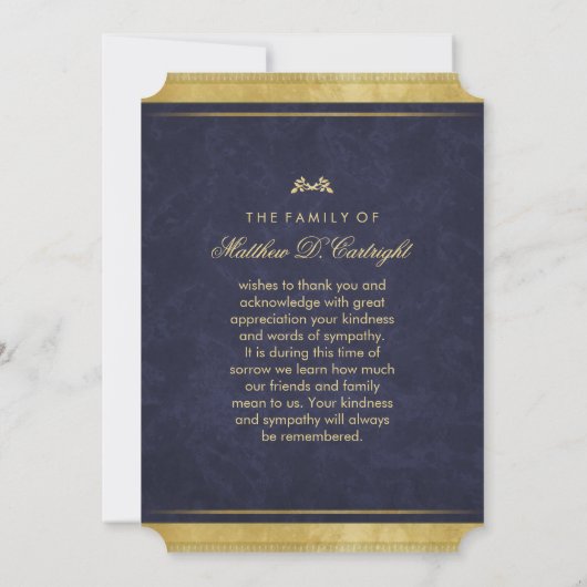 Navy Blue & Gold Elegance Hartelijk dank Memorial  Kaart (Achterkant)