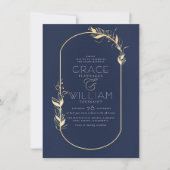Navy Blue & Gold Elegant Botanical Lijst Weddensch Kaart (Voorkant)