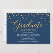 Navy blue gold elegant confetti graduparty i kaart (Voorkant)