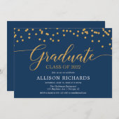 Navy blue gold elegant confetti graduparty i kaart (Voorkant / Achterkant)