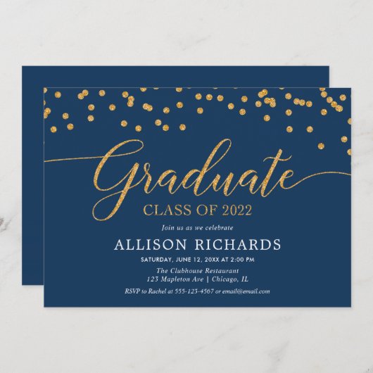 Navy blue gold elegant confetti graduparty i kaart (Voorkant / Achterkant)