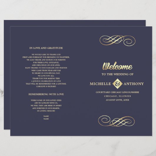 Navy blue | Gold Elegant Folded Wedding Program (Voorkant / Achterkant)