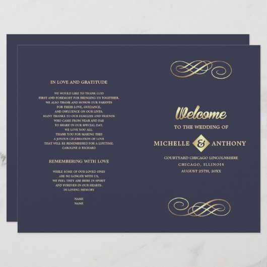 Navy blue | Gold Elegant Folded Wedding Program (Voorkant / Achterkant)