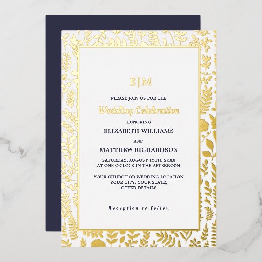 Navy Blue Gold Elegant Luxury Wedding Folie Uitnodiging (Voorkant / Achterkant)