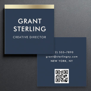Navy Blue Gold Elegant Minimal Typography QR-code Vierkante Visitekaartje