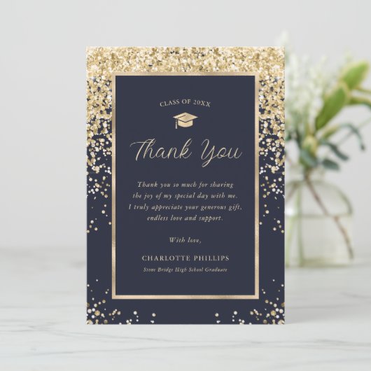 Navy Blue Gold Elegant Modern Photo Afstuderen Bedankkaart (Staand voorkant)